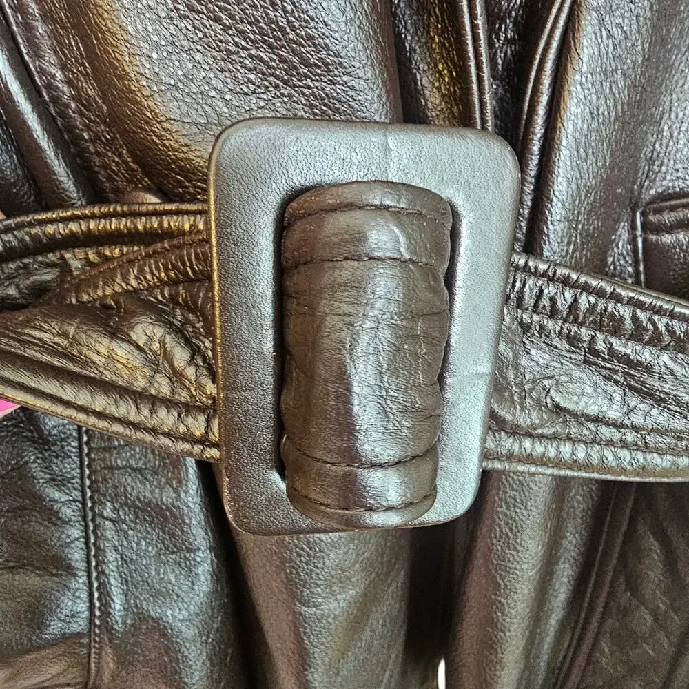 Together! Vintage Dark Brown Leather Double Breasted Trench Coat with Belt